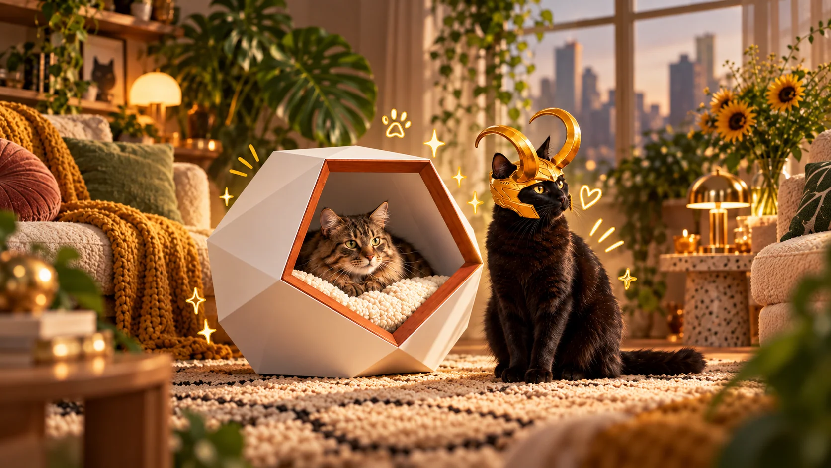 Two cats with a MARC cat cave and gold pet helmet in a warm living room