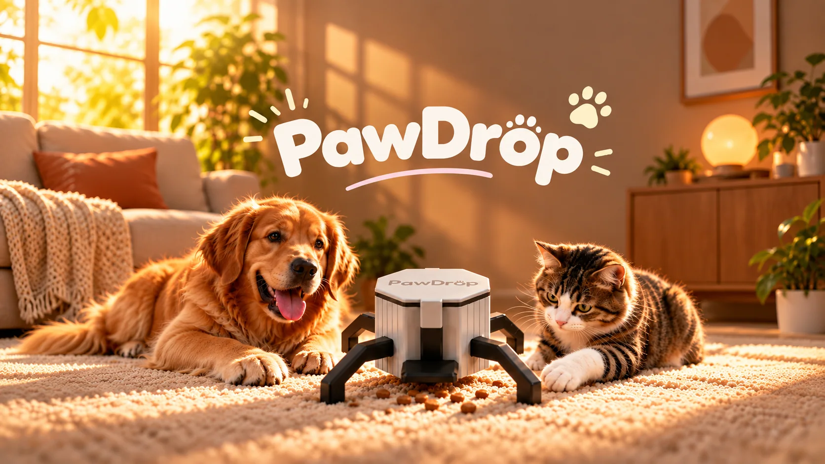 Paw Drop pet feeder with a dog and cat